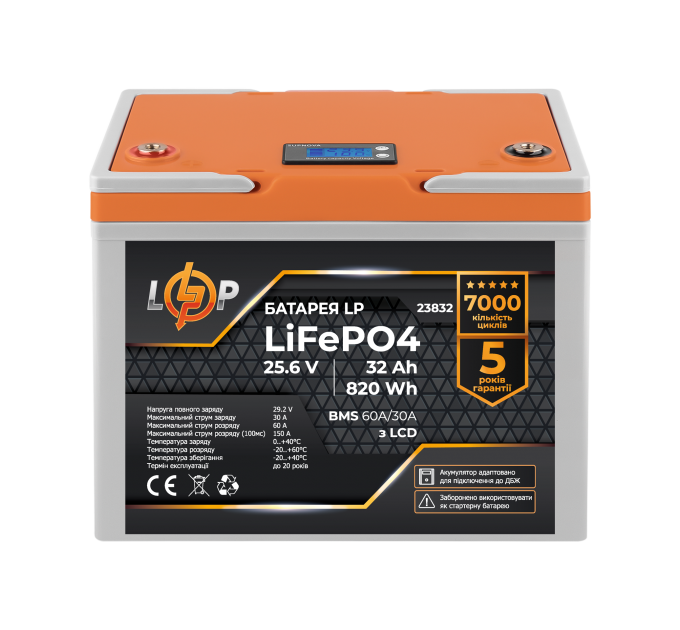Акумулятор LP LiFePO4 25,6V - 32 Ah (820Wh) (BMS 60А/30A) пластик LCD для ДБЖ