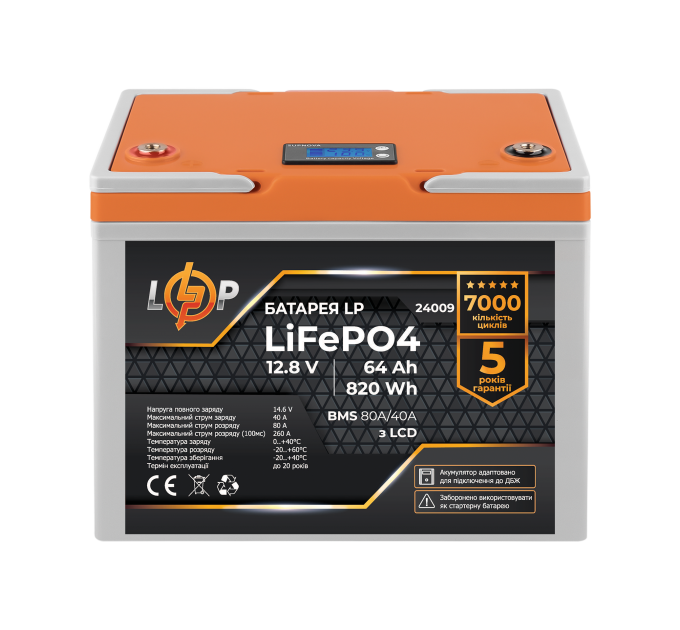 Акумулятор LP LiFePO4 12,8V - 64 Ah (820Wh) (BMS 80A/40А) пластик LCD для ДБЖ