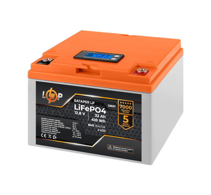 Акумулятор LP LiFePO4 12,8V - 32 Ah (410Wh) (BMS 30А/15A) пластик LCD