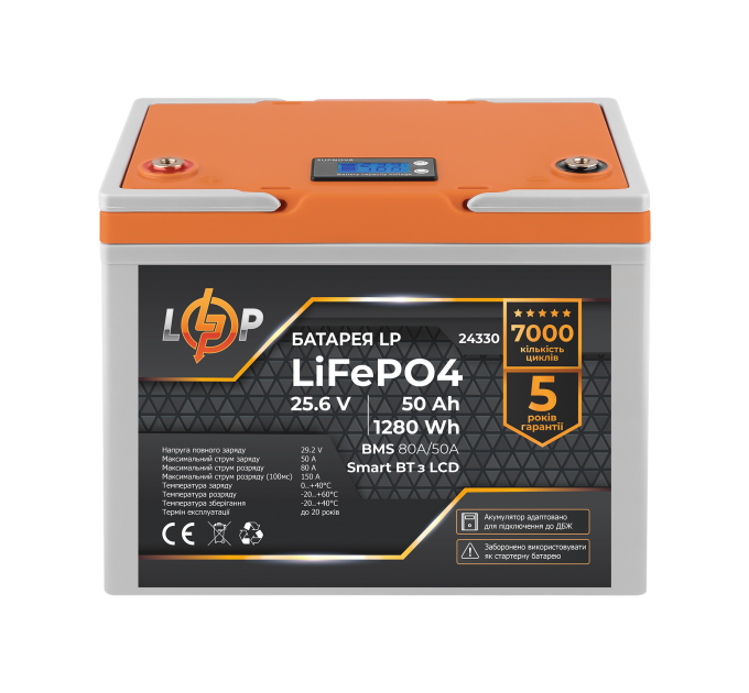 Акумулятор LP LiFePO4 25,6V - 50 Ah (1280Wh) (BMS 80A/50А) пластик LCD Smart BT