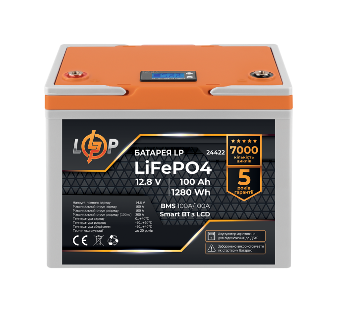 Акумулятор LP LiFePO4 12,8V - 100 Ah (1280Wh) (BMS 100A/100А) пластик LCD Smart BT