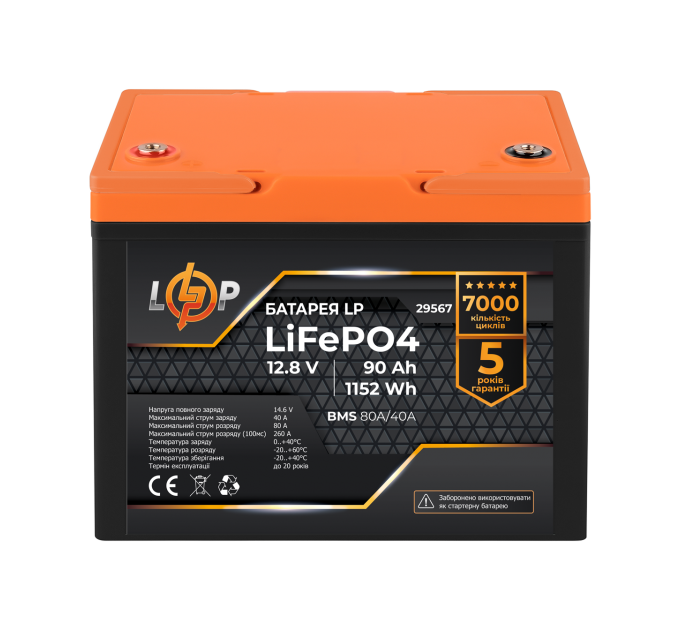 Акумулятор LP LiFePO4 12V (12,8V) - 90 Ah (1152Wh) (BMS 80A/40A) пластик