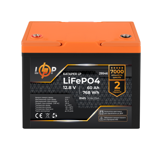Акумулятор LP LiFePO4 12,8V - 60 Ah (768Wh) (BMS 50A/25А) пластик для ДБЖ