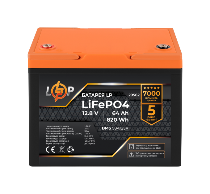 Акумулятор LP LiFePO4 12,8V - 64 Ah (820Wh) (BMS 50A/25А) пластик для ДБЖ