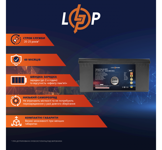 Акумулятор LP LiFePO4 24V (25,6V) - 140 Ah (3584Wh) (BMS 80A/40A) пластик