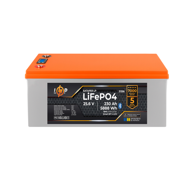 Акумулятор LP LiFePO4 25,6V - 230 Ah (5888Wh) (BMS 200A/200А) пластик LCD Smart BT