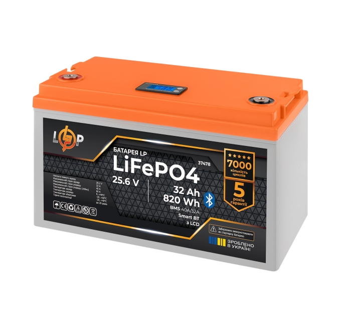 Акумулятор LP LiFePO4 25,6V - 32 Ah (820Wh) (BMS 40А/32A) пластик LCD Smart BT