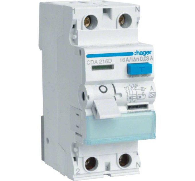 Диференціальне реле 2P, 6kA, 16A, 30mA, A, Hager CDA216D купити.