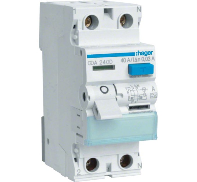 Диференціальне реле 2P, 6kA, 40A, 30mA, A Hager CDA240D купити.