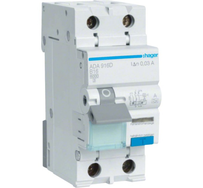 Дифавтомат 1P+N, 6kA, B-16A, 30mA, A Hager ADA916D купити.