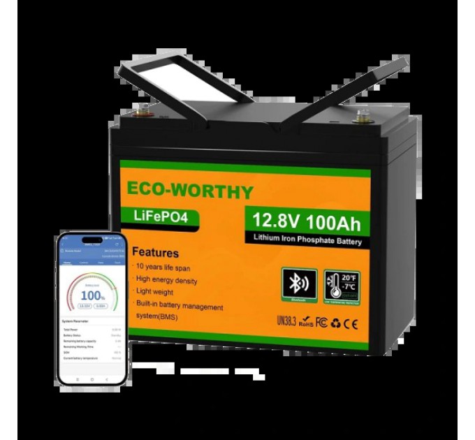 Акумуляторна батарея Eco-Worthy LiFePO4 12V 100Ah bluetooth купити.