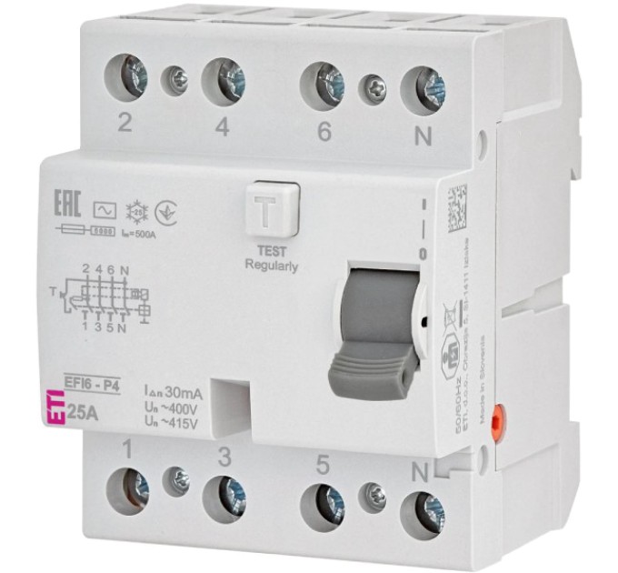 Реле диференційне (ПЗВ) ЕТІ 4р EFI6-P4 25/0,03 тип AC (6kA) купити.