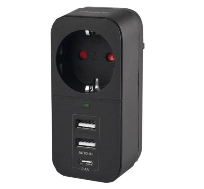 Мережевий адаптер з заземленням VIDEX ONCORD з/з 1п 2.4A 2USB+USB-C Black