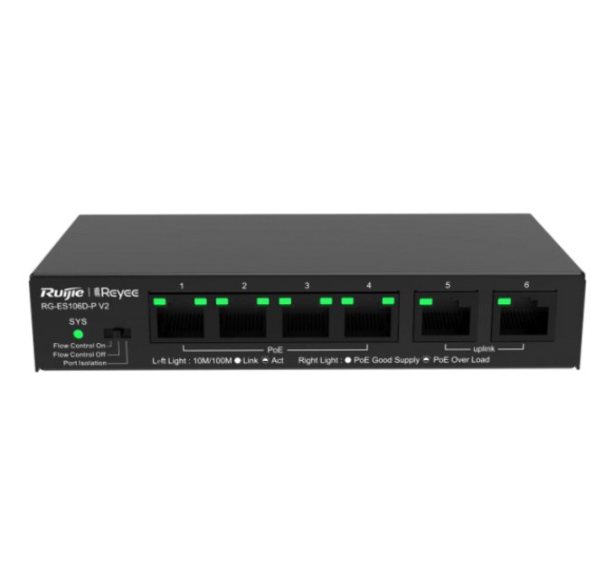 Комутатор 6 портів некерований Ruijie Reyee RG-ES106D-P V2 PoE купити.