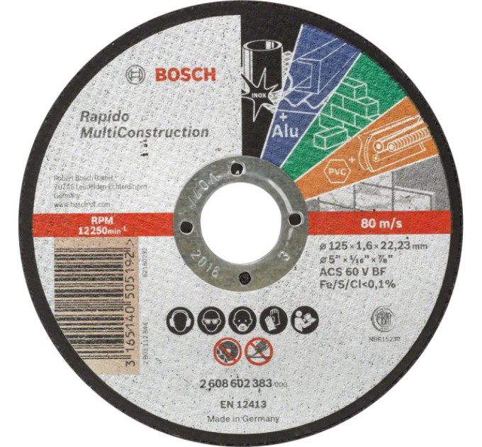 Відрізний круг для металу Bosch Multi Construction Rapido 125x1.6x22.2