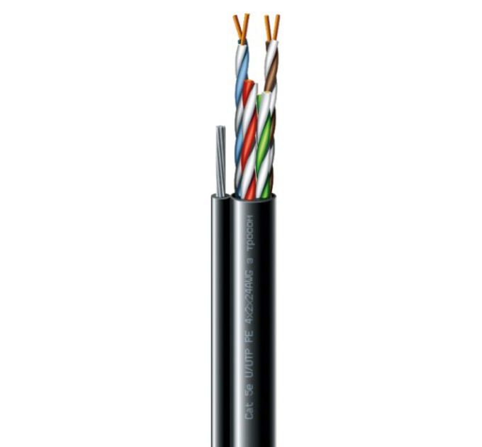 Кабель кручена пара ЗЗКМ (UTP мідь вуличний з тросом) Cat. 5e U/UTP  РЕ steel cord 4x2x24 AWG (k) трос (70910181) бухта 305м купити.